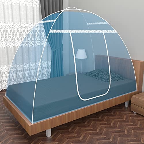 Fegore Mosquito Net for Single Bed Foldable Machardani Lightweight Polyester Material Use One Adults or One Kids with Red Cover (Color - Blue Size - 6.5X4 feet) - Image 1