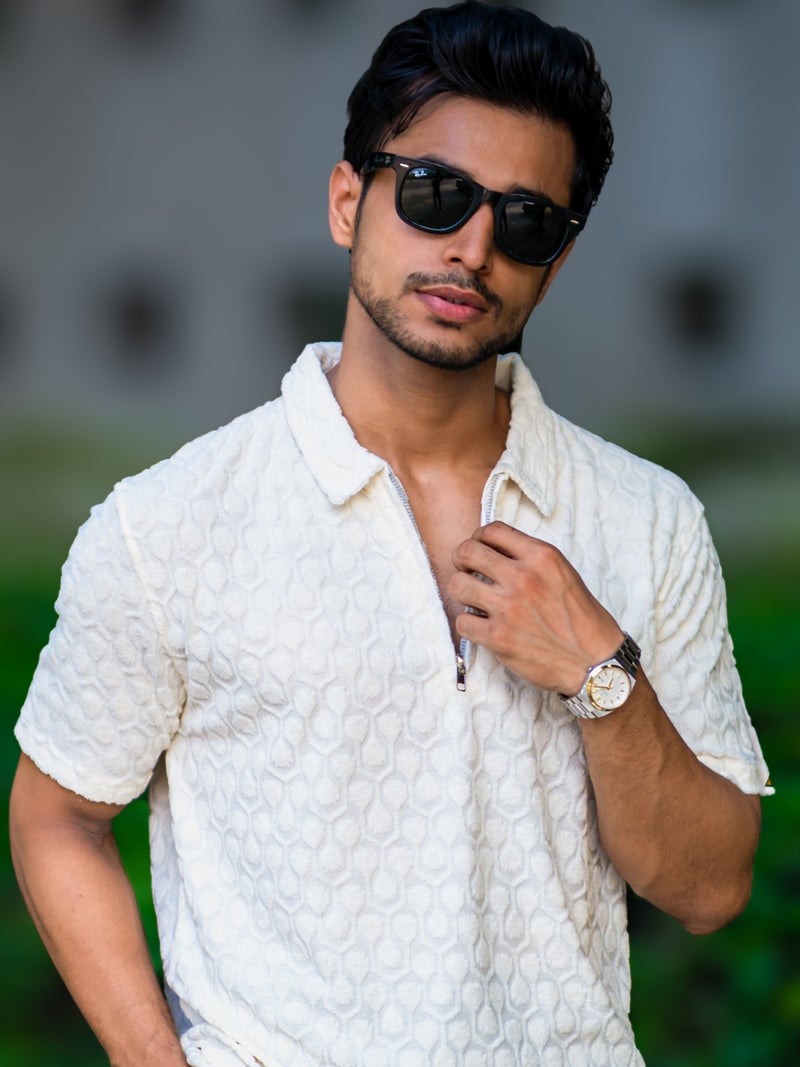 Maniac Mens Solid Puff Textured Polo Neck Half Zipper Cream T-Shirt - Image 1