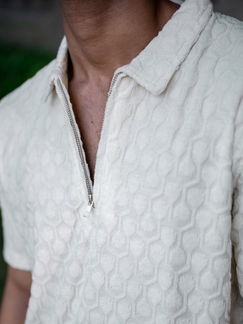 Maniac Mens Solid Puff Textured Polo Neck Half Zipper Cream T-Shirt - Image 2