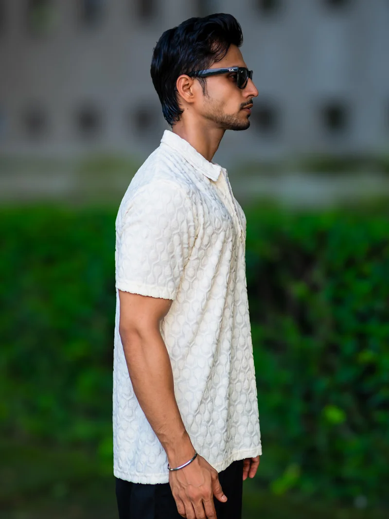 Maniac  Maniac Mens solid puff textured polo neck half zipper cream t-shirt for Men | Best Price UAE
