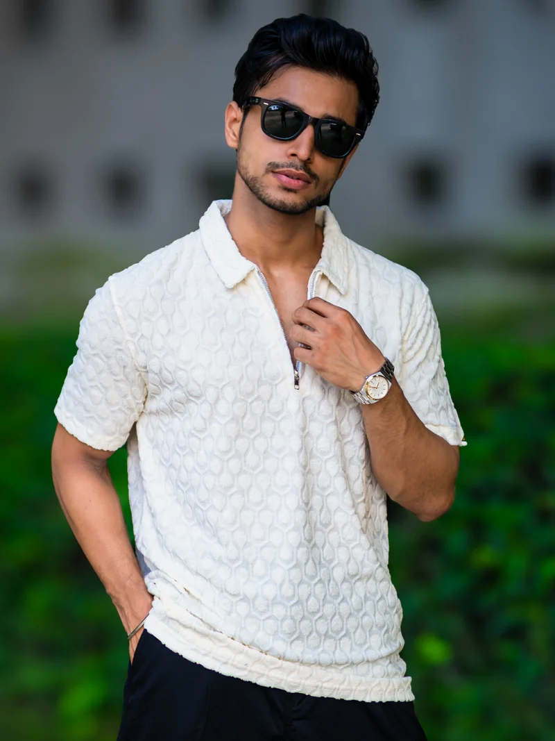 Maniac  Maniac Mens solid puff textured polo neck half zipper cream t-shirt for Men | Best Price UAE