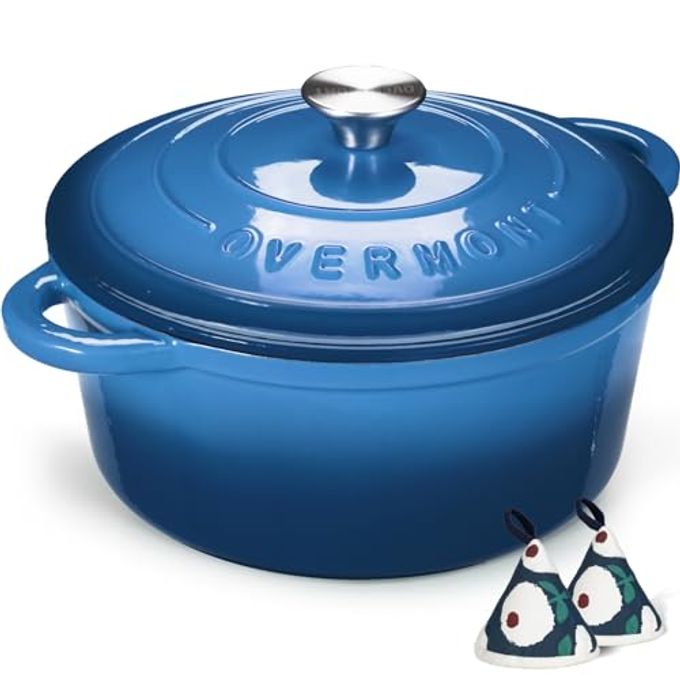 ENAMELED CAST IRON DUTCH OVEN 7QT POT WITH LID COOKBOOK COTTON POTHOLDERS HEAVYDUTY COOKWARE FOR BRAISING STEWS ROASTING BREAD BAKING BLUE