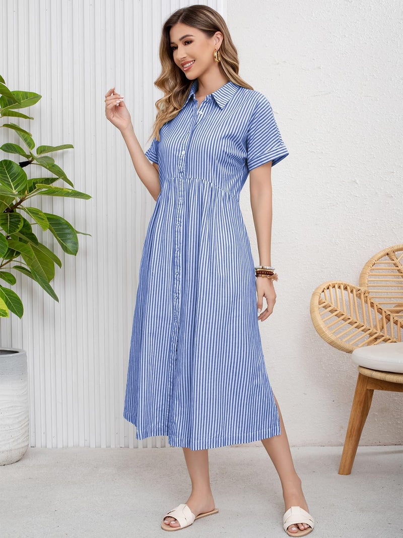ebossy Women's Boho Striped Shirt Dress Button Up Side Slit Loose Mid Long Cotton Dress with Pockets (L, Blue) - Image 4