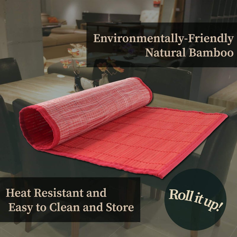 BambooMN Bamboo Slats Placemat with Fabric Border - Solid Color Print - 18"" x 13"" - Red  8 pcs - Image 3