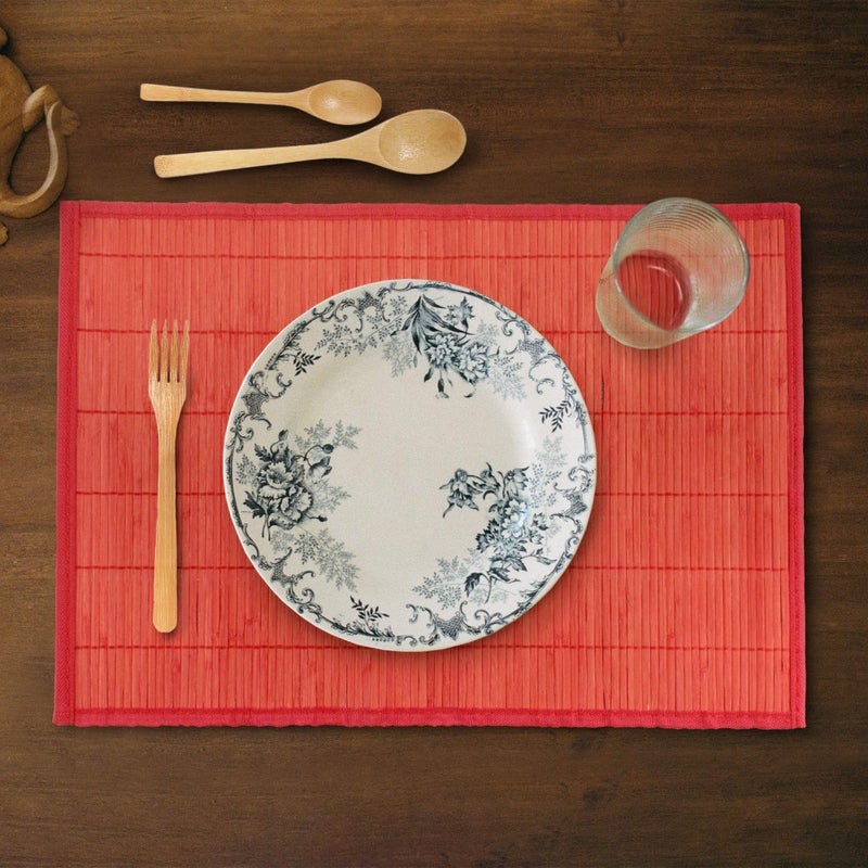 BambooMN Bamboo Slats Placemat with Fabric Border - Solid Color Print - 18"" x 13"" - Red  8 pcs - Image 5