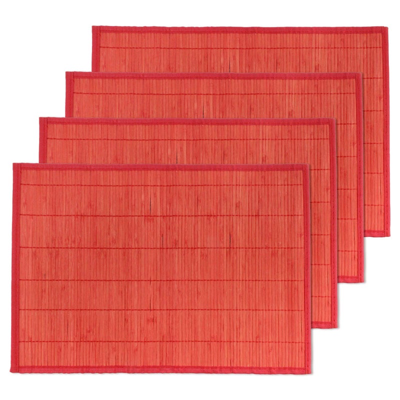 BambooMN Bamboo Slats Placemat with Fabric Border - Solid Color Print - 18"" x 13"" - Red  8 pcs - Image 1