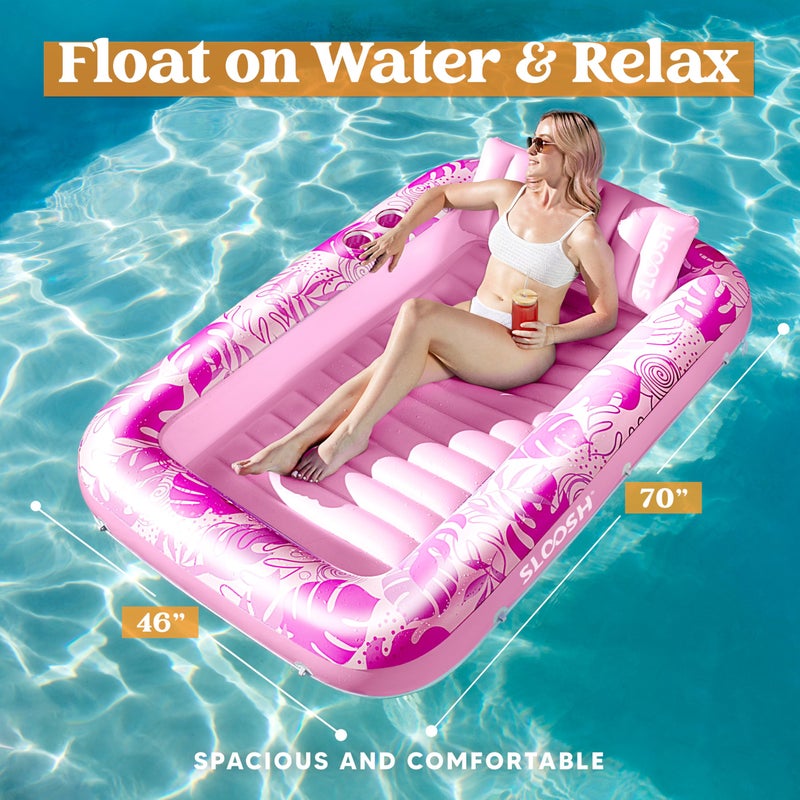 SLOOSH Inflatable Tanning Pool Lounger Float, 70" x 46" Pool Floats Adult with Pillow, 4 in 1 Suntan Tub Raft Floatie,Sunbathing Bed Lounge for Water Blow Up Kids Ball Pit Party Gifts, L-Hot Pink - Image 2