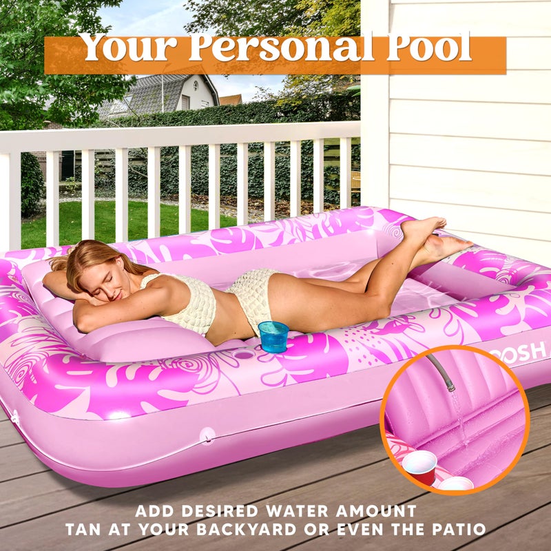 SLOOSH Inflatable Tanning Pool Lounger Float, 70" x 46" Pool Floats Adult with Pillow, 4 in 1 Suntan Tub Raft Floatie,Sunbathing Bed Lounge for Water Blow Up Kids Ball Pit Party Gifts, L-Hot Pink - Image 3
