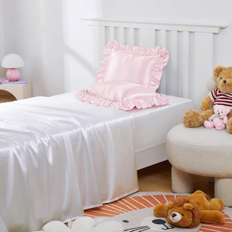 Entisn Ruffle Satin Toddler Pillowcase Set of 2 13 x 18 Inch Toddler Silky Pillow Covers with Envelope Closure Anti Wrinkle Soft Travel Pillow Case Nursery Pillow Sham for Girls Boys Baby Pink - Image 5