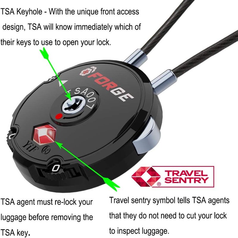 Forge Quality TSA Approved Luggage Locks for Travel Accessories, Suitcase, Pelican case, Ammo Boxes, Set Your own Combination, Zinc Alloy Body-Cable Black 2 Locks - Image 2
