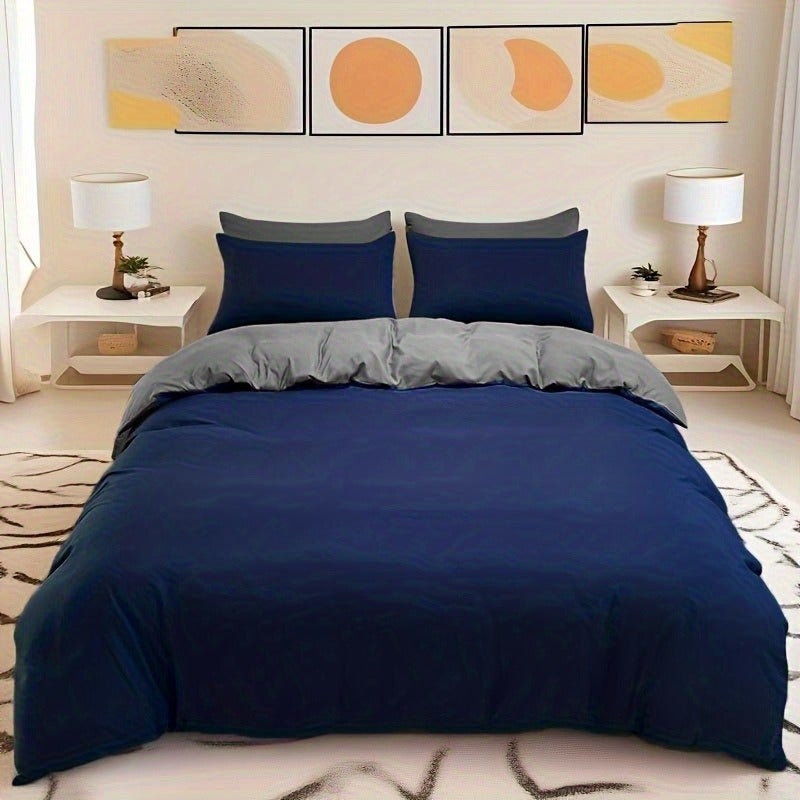 5pcs Dual-Style Solid Color Duvet Cover and Pillowcase Set, Brushed Fabric Skin-Friendly All-Season Breathable Comfortable Minimalist Duvet Cover and Pillowcase Set, Includes One Duvet Cover and Four Pillowcases - Image 1