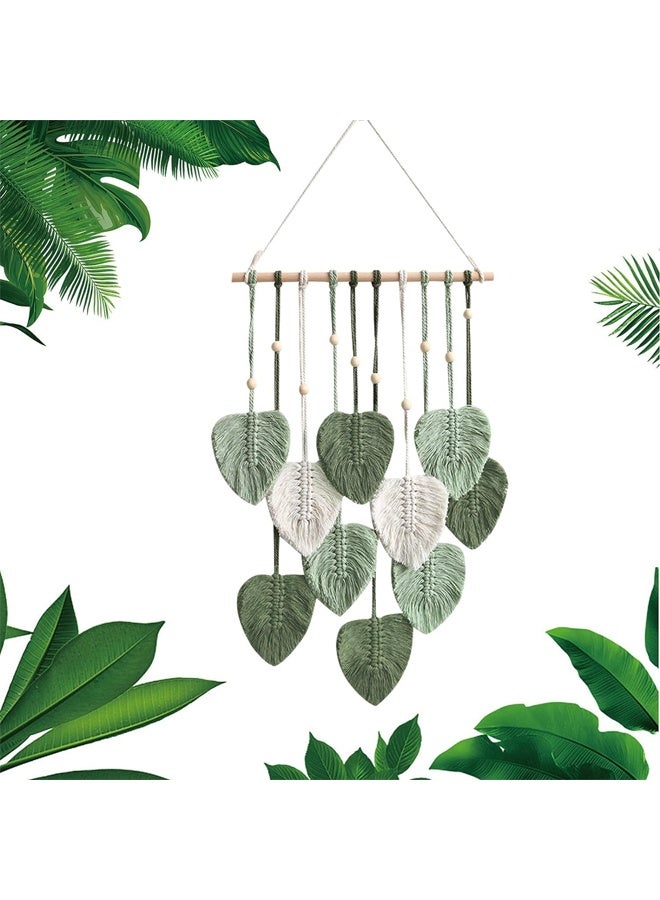 DUNISO Green Wall Hanging Decor Leaves Tapestry，Boho Wall Decor Woven，Feather Handmade Yarn Tassels Woven，Wall Art Decorations for Nursery, Bedroom, Living Room, Apartment Home Backdrop，40*90cm  - Image 1
