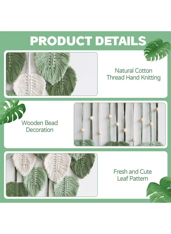 DUNISO Green Wall Hanging Decor Leaves Tapestry，Boho Wall Decor Woven，Feather Handmade Yarn Tassels Woven，Wall Art Decorations for Nursery, Bedroom, Living Room, Apartment Home Backdrop，40*90cm  - Image 4