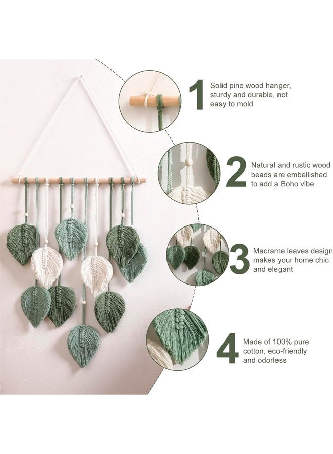 DUNISO Green Wall Hanging Decor Leaves Tapestry，Boho Wall Decor Woven，Feather Handmade Yarn Tassels Woven，Wall Art Decorations for Nursery, Bedroom, Living Room, Apartment Home Backdrop，40*90cm  - Image 2