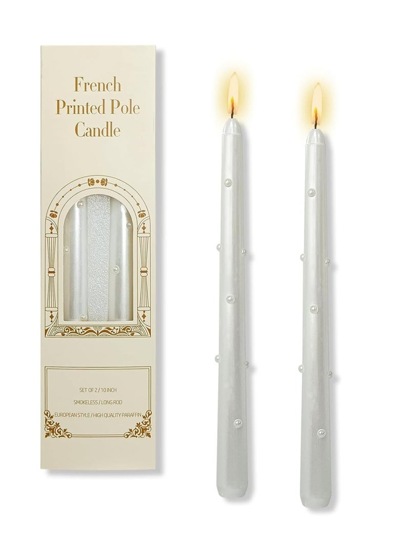 YOUGE White Metal Pearls Taper Candles Set of 2,Handmade Drip Candle,10 Inch Long Tapered Candle Sticks for Wedding Gifts & Home Decor（White) - Image 1