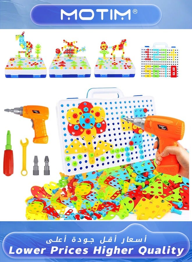 موتيم مجموعة ألغاز بناء المثقاب 237 قطعة مجموعة ألغاز بناء الفسيفساء الإبداعية المثقاب الكهربائي ومجموعة ألغاز المثقاب الكهربائي والمسامير للأطفال مجموعة ألعاب حفر الألغاز الفنية - Image 1