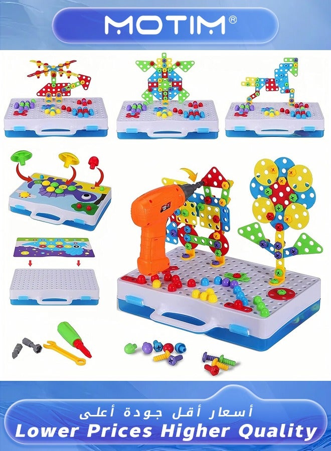 موتيم مجموعة ألغاز بناء المثقاب 237 قطعة مجموعة ألغاز بناء الفسيفساء الإبداعية المثقاب الكهربائي ومجموعة ألغاز المثقاب الكهربائي والمسامير للأطفال مجموعة ألعاب حفر الألغاز الفنية - Image 3