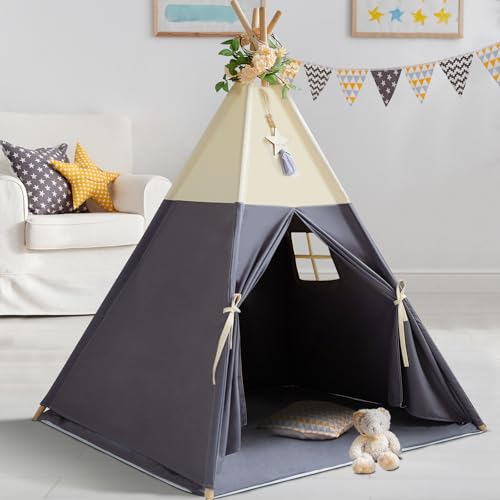 RONGFA Teepee Tent for Kids 100 Cotton Play Tent with Mat Kids Teepee Tent with Colored Flag Quality Portable Play Tent with Carry Bag for Girls and Boys Indoor Outdoor Beige Gray with Mat - Image 1
