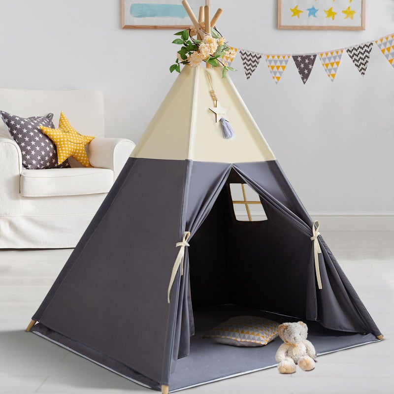 RONGFA Teepee Tent for Kids 100 Cotton Play Tent with Mat Kids Teepee Tent with Colored Flag Quality Portable Play Tent with Carry Bag for Girls and Boys Indoor Outdoor Beige Gray with Mat - Image 3