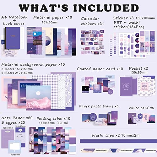 Buransh 348pcs Scrapbook Kit Bullet Junk Journal Kit with Journaling Scrapbooking Supplies Stationery A6 Grid Notebook with Graph Ruled Pages DIY Scrapbook Gift for Girl Kid Women (Moonlight) - Image 2