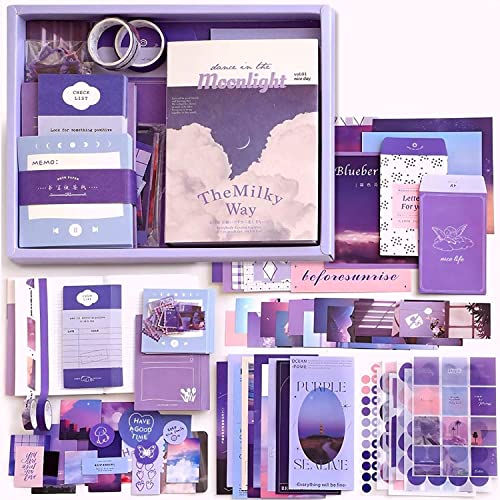 Buransh 348pcs Scrapbook Kit Bullet Junk Journal Kit with Journaling Scrapbooking Supplies Stationery A6 Grid Notebook with Graph Ruled Pages DIY Scrapbook Gift for Girl Kid Women (Moonlight) - Image 1