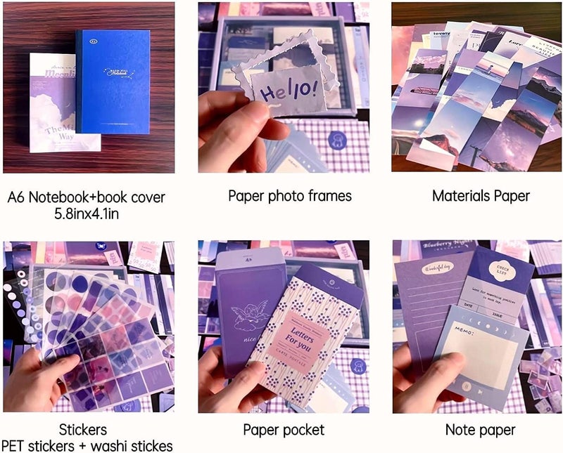 Buransh 348pcs Scrapbook Kit Bullet Junk Journal Kit with Journaling Scrapbooking Supplies Stationery A6 Grid Notebook with Graph Ruled Pages DIY Scrapbook Gift for Girl Kid Women (Moonlight) - Image 4