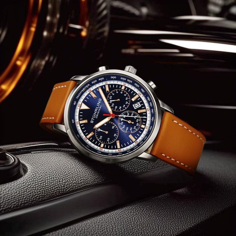 Stuhrling Original Chronograph Watch Men's Watches 44mm Steel Case Blue Dial with Leather Strap Tachymeter 24-Hour Subdial - Image 3