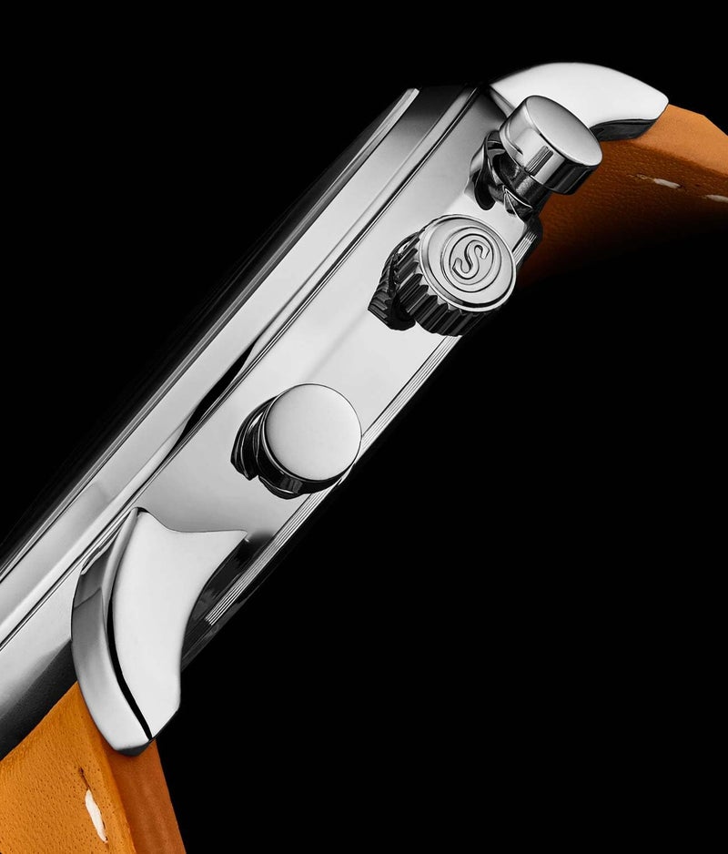 Stuhrling Original Chronograph Watch Men's Watches 44mm Steel Case Blue Dial with Leather Strap Tachymeter 24-Hour Subdial - Image 4