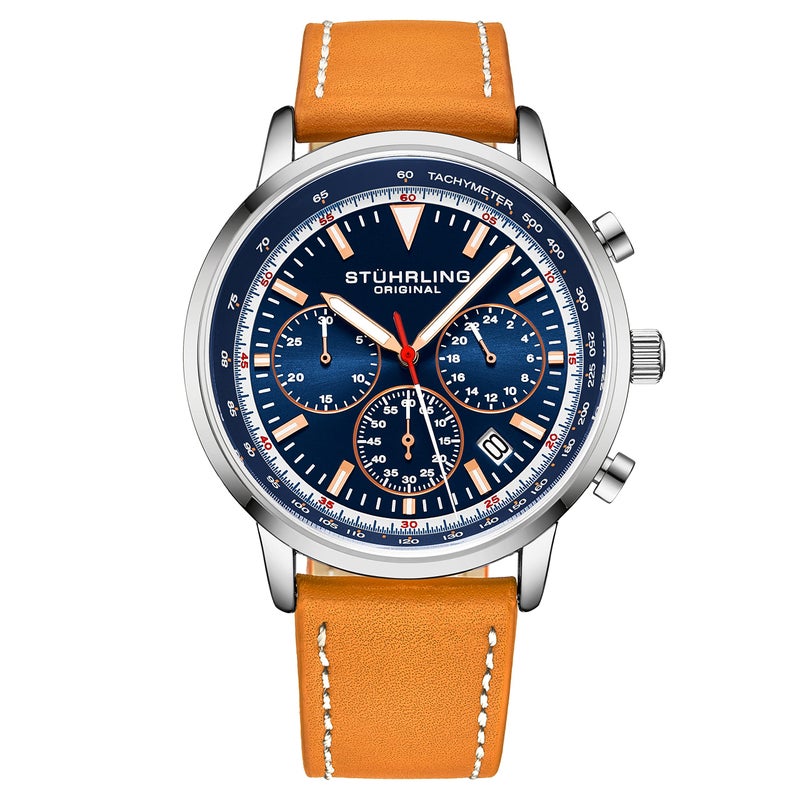 Stuhrling Original Chronograph Watch Men's Watches 44mm Steel Case Blue Dial with Leather Strap Tachymeter 24-Hour Subdial - Image 1
