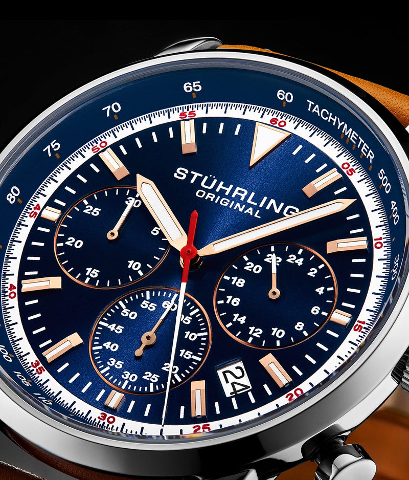 Stuhrling Original Chronograph Watch Men's Watches 44mm Steel Case Blue Dial with Leather Strap Tachymeter 24-Hour Subdial - Image 2