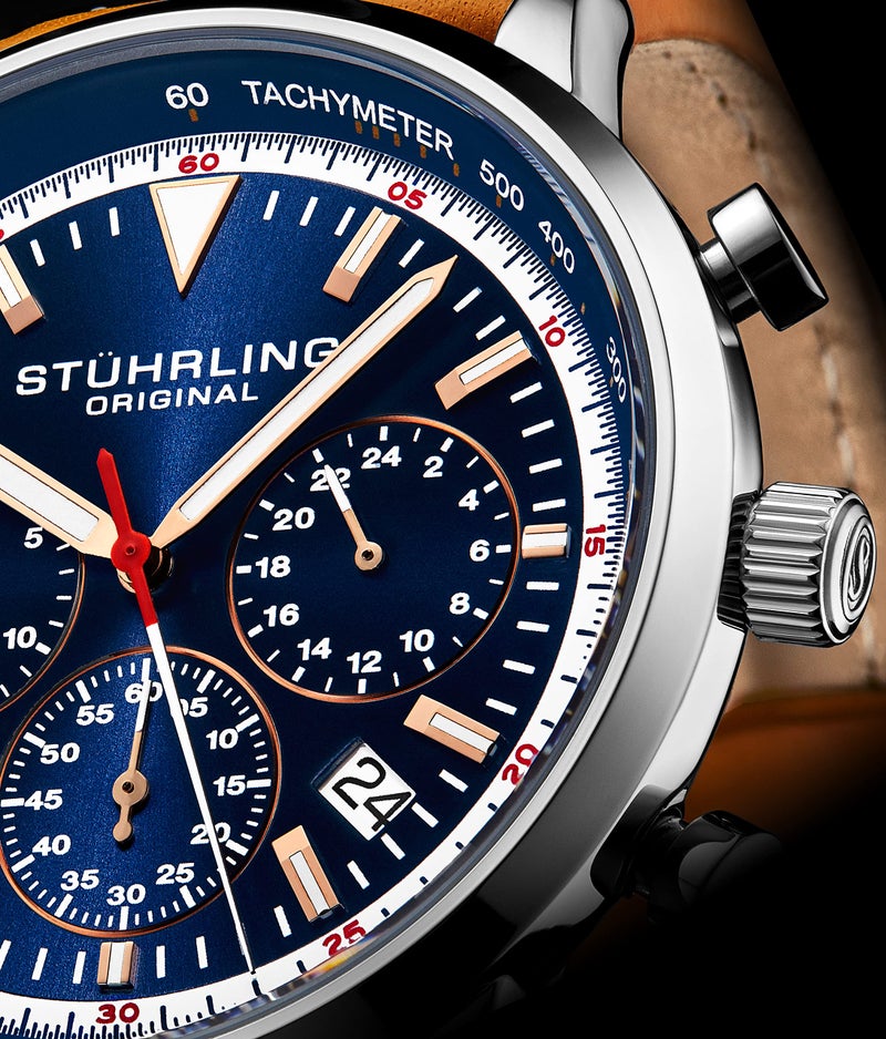 Stuhrling Original Chronograph Watch Men's Watches 44mm Steel Case Blue Dial with Leather Strap Tachymeter 24-Hour Subdial - Image 5