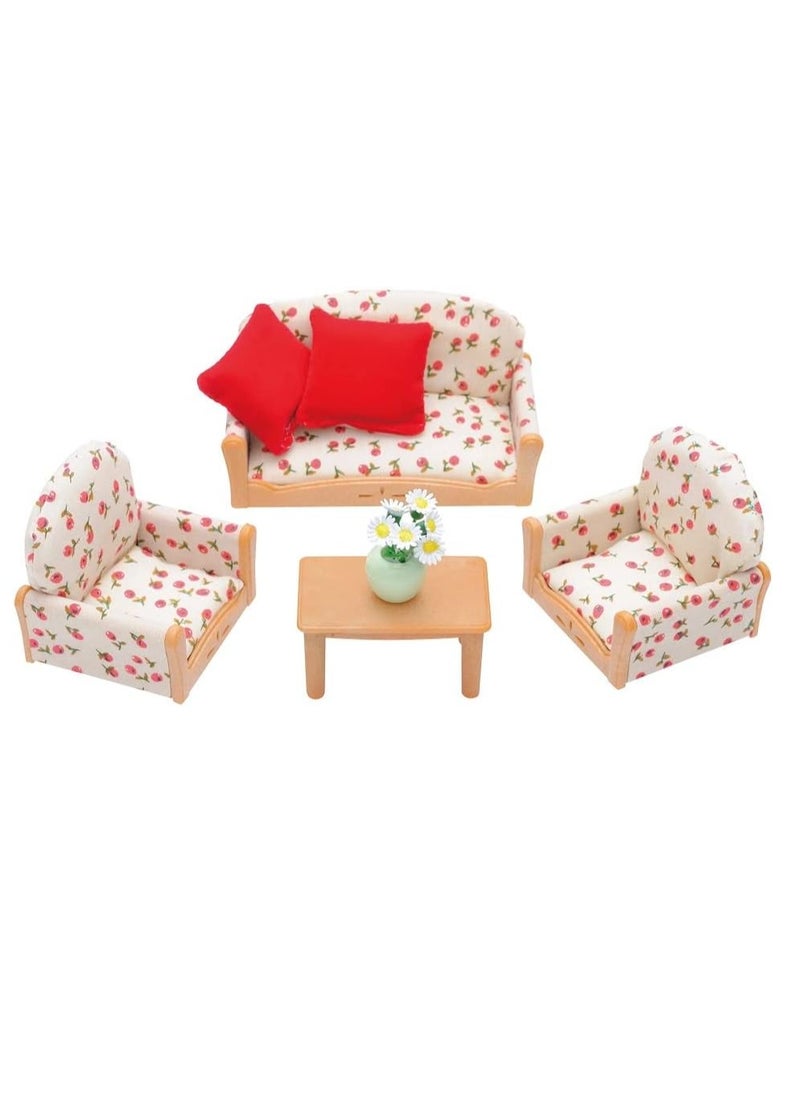 Suite Living Room Set | Multi-Color | Plastic & Fabric | Sofa, Armchairs, Coffee Table, Cushions & Flowers | Ages 3 to 10