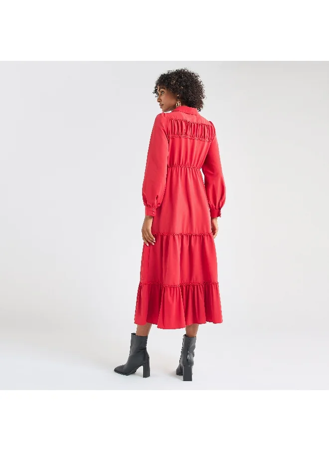 FAV Solid Tiered Midi Dress with Puff Sleeves and Collar