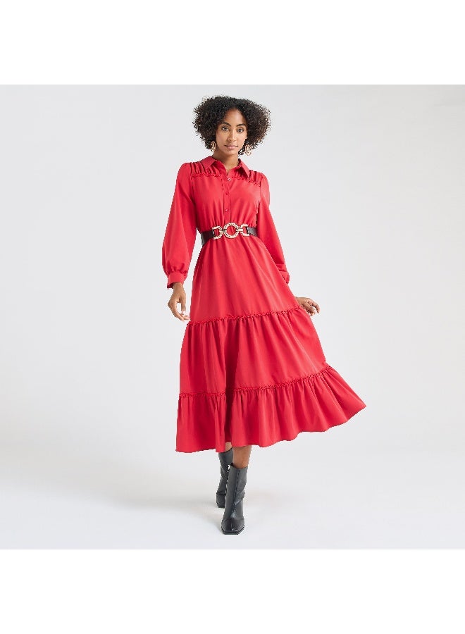 سبلاش فيڤ فستان ميدي سادة متعدد الطبقات بياقة عادية وأكمام منفوخة - Image 4