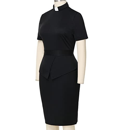 BLESSUME Church Women Clergy Tab Collar Dress Black Mass Bodycon Pencil Dress Short Sleeve - Image 3