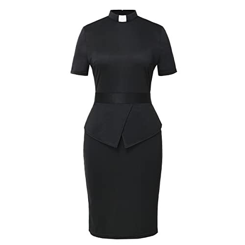 BLESSUME Church Women Clergy Tab Collar Dress Black Mass Bodycon Pencil Dress Short Sleeve - Image 1