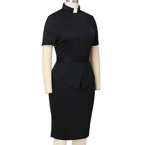 BLESSUME Church Women Clergy Tab Collar Dress Black Mass Bodycon Pencil Dress Short Sleeve - Image 4