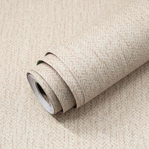 lenify Grasscloth Peel and Stick Wallpaper Beige Contact Paper 15.7inch x 118.1inch Faux Linen Vintage Wallpaper Textured Removable Wall Paper Grass Cloth Cabinets Bedroom Decor Vinyl Self Adhesive - Image 1