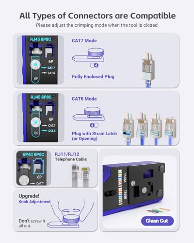 VCELINK RJ45 Crimp Tool Kit for CAT7/6A/6/5E/5, Upgraded Network Tool Set with an Ethernet Crimper, 50 RJ45 Connectors & Boots, Cable Tester, Wire Stripper and Cutter in a Cloth Bag - Image 4