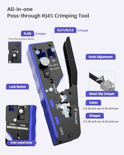 VCELINK RJ45 Crimp Tool Kit for CAT7/6A/6/5E/5, Upgraded Network Tool Set with an Ethernet Crimper, 50 RJ45 Connectors & Boots, Cable Tester, Wire Stripper and Cutter in a Cloth Bag - Image 3