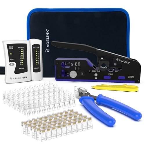 VCELINK RJ45 Crimp Tool Kit for CAT7/6A/6/5E/5, Upgraded Network Tool Set with an Ethernet Crimper, 50 RJ45 Connectors & Boots, Cable Tester, Wire Stripper and Cutter in a Cloth Bag - Image 1