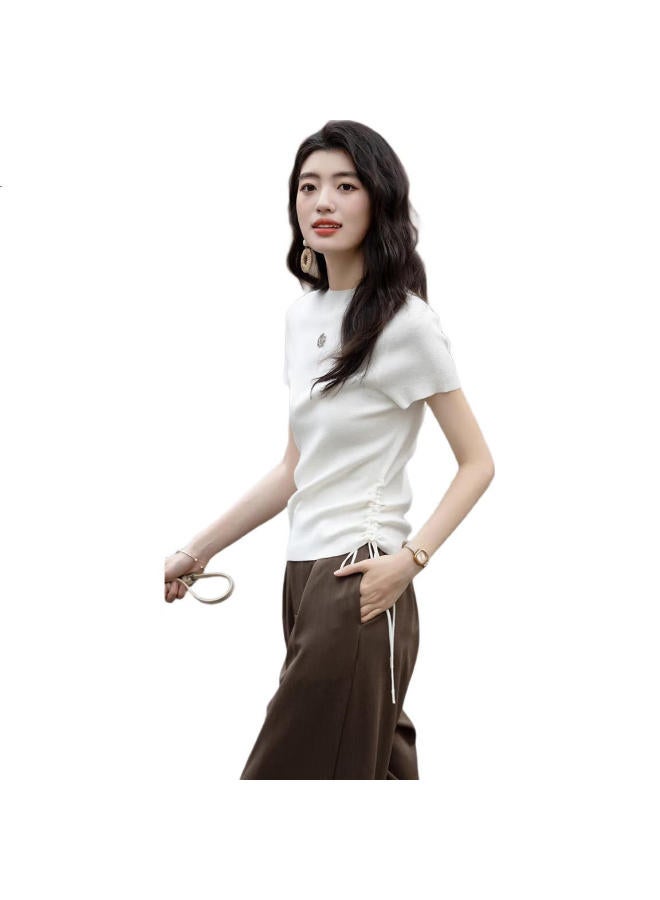 dme "Outline Double C Waist" Spring And Autumn Half-High Round Neck Side Seam Drawstring Line Shirt Rose Gold Metallic Knit Top Women'S Top - Image 3