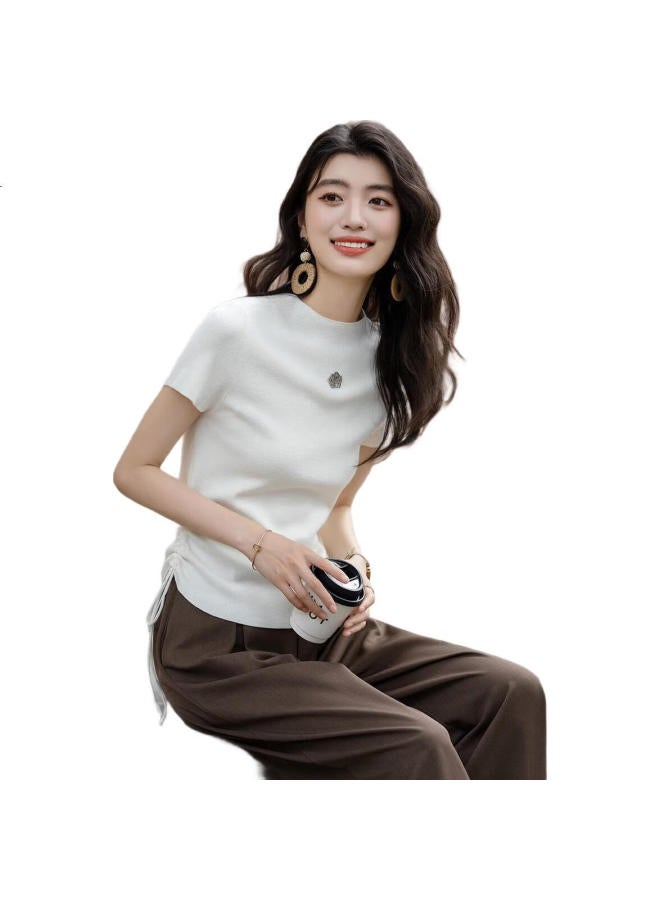 dme "Outline Double C Waist" Spring And Autumn Half-High Round Neck Side Seam Drawstring Line Shirt Rose Gold Metallic Knit Top Women'S Top - Image 1