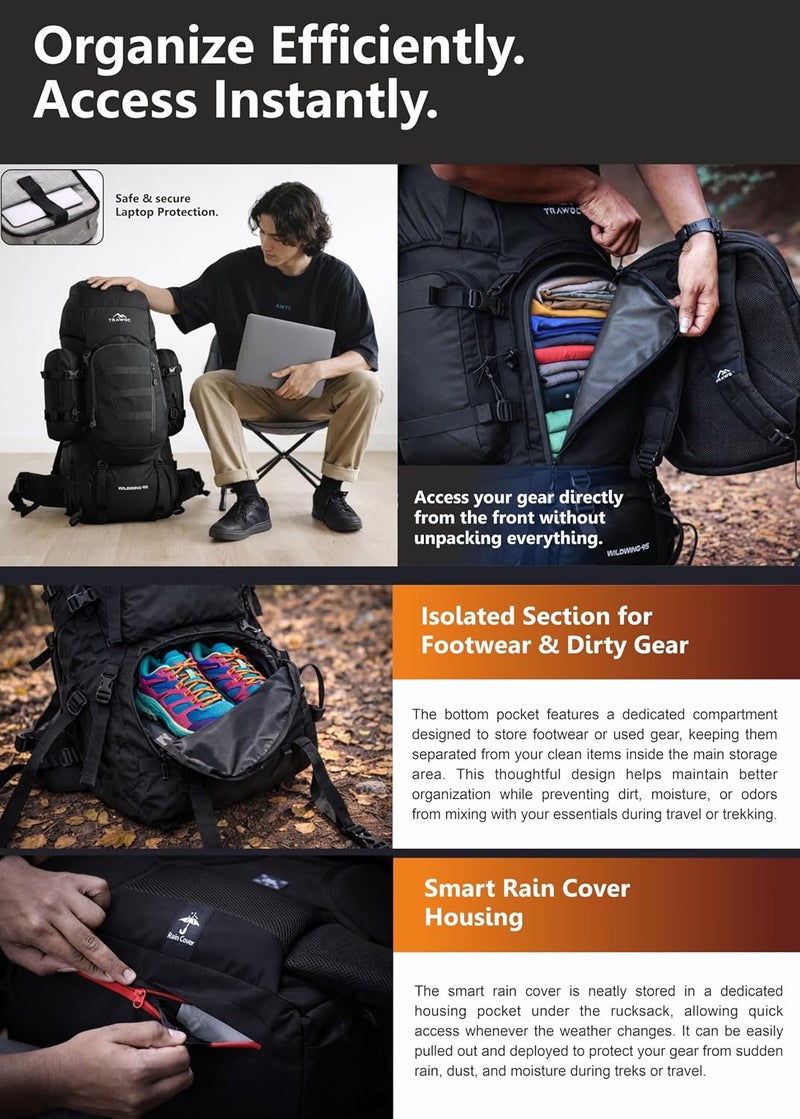 TRAWOC WILDWING 95L (80+15) Internal Frame Travel Backpack with Detachable Daypack/Camping Hiking Trekking Bag Large Rucksack for Men & Women - Image 4