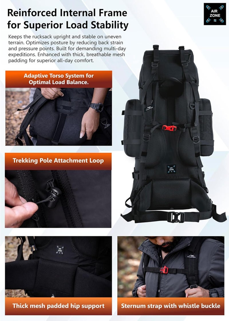 TRAWOC WILDWING 95L (80+15) Internal Frame Travel Backpack with Detachable Daypack/Camping Hiking Trekking Bag Large Rucksack for Men & Women - Image 3