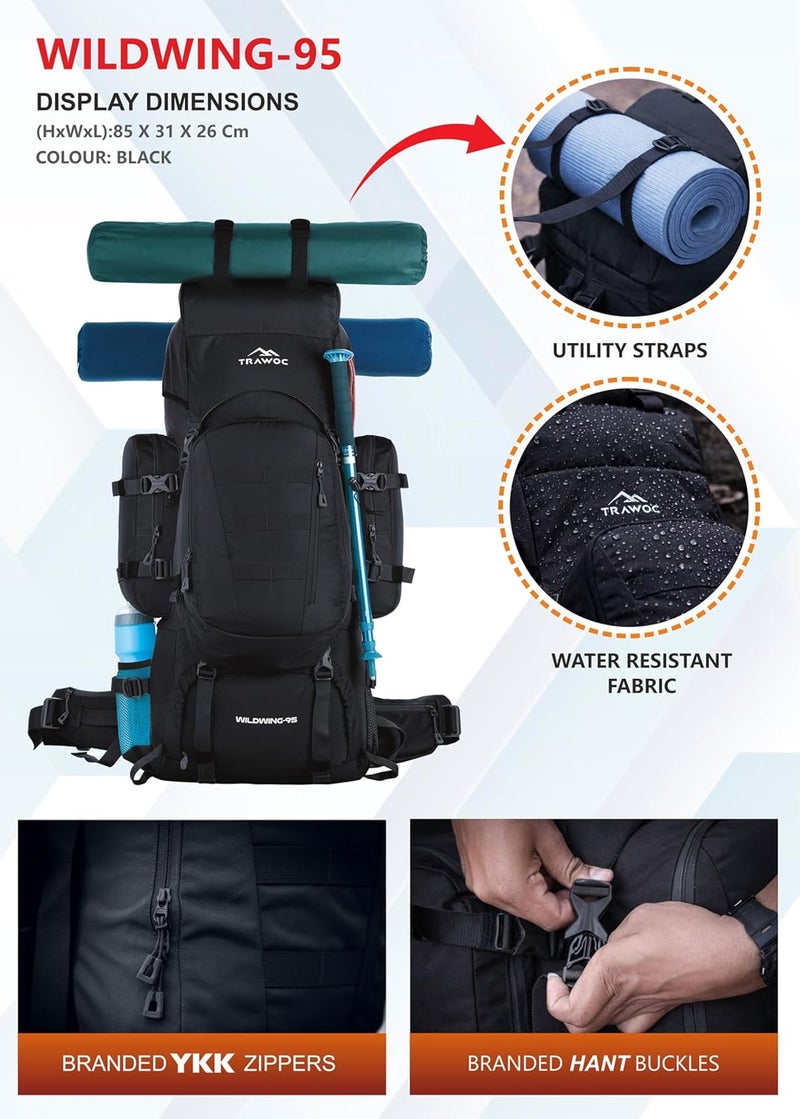 TRAWOC WILDWING 95L (80+15) Internal Frame Travel Backpack with Detachable Daypack/Camping Hiking Trekking Bag Large Rucksack for Men & Women - Image 2