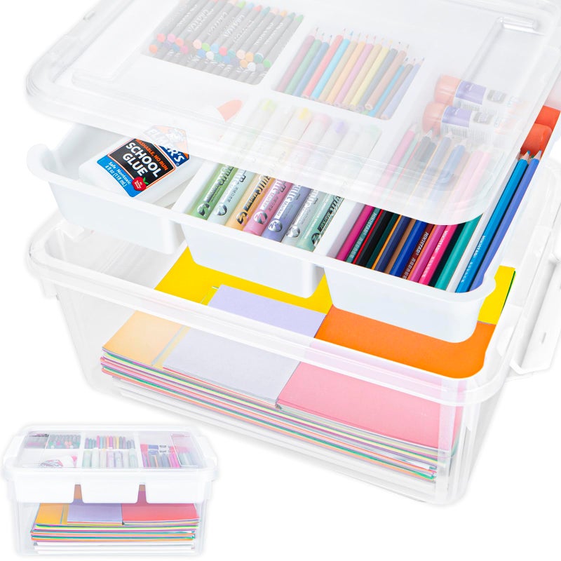 TERGOO 17QT Multipurpose Plastic Storage Organizer Box with Removable Tray, Stackable Craft Organizers and Storage Bins with Lid, Clear Art Storage Container for Organizing Playdoh, Crayon (Clear) - Image 1