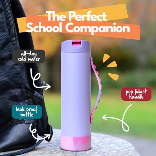 Elemental Iconic Kids Water Bottle for School - 100% Leak-Proof Insulated Water Bottles with Straw Lid & Pop-It Handle for Boys & Girls - Triple-Wall Insulated & BPA-Free, 20oz – Lilac Tie Dye - Image 2
