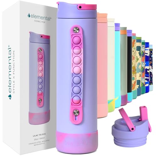 Elemental Iconic Kids Water Bottle for School - 100% Leak-Proof Insulated Water Bottles with Straw Lid & Pop-It Handle for Boys & Girls - Triple-Wall Insulated & BPA-Free, 20oz – Lilac Tie Dye - Image 1