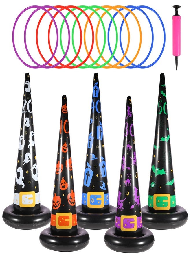 Yeepoo Halloween Ring Toss Game Set, 5Pcs Inflatable Witch Hats with 10Pcs Colorful Plastic Rings and Air Pump for Halloween Party Games Super Fun Indoor Outdoor Party Supplies - Image 1